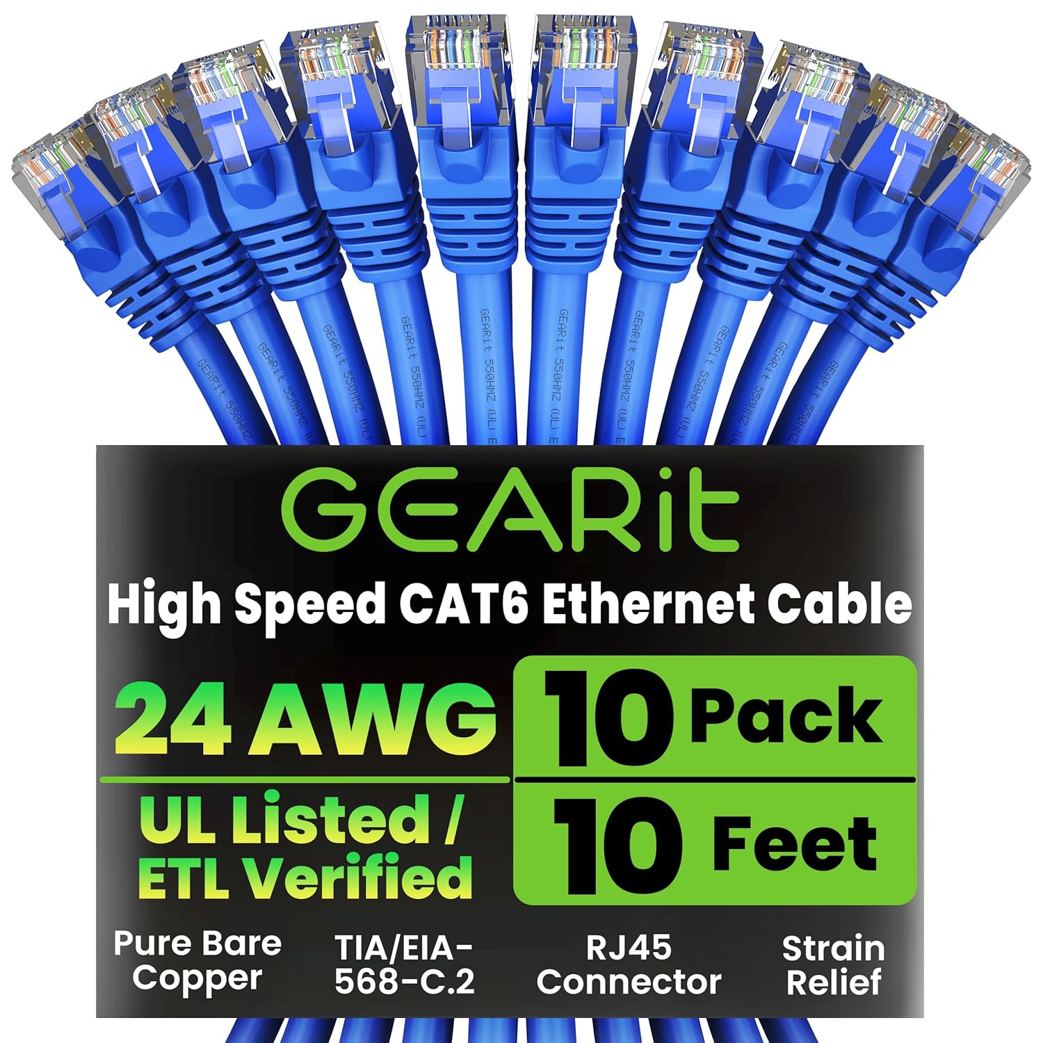Amazon.com: GEARit Cat 6 Ethernet Cable Pack - 10-Pack 10 ft Cat6 Ethernet Patch Cables | RJ45 Network Patch Cable, 10 Gbps Snagless Gold-Plated Connectors - Ethernet Cable Cat 6 for PC, TV, Router - Blue : Electronics