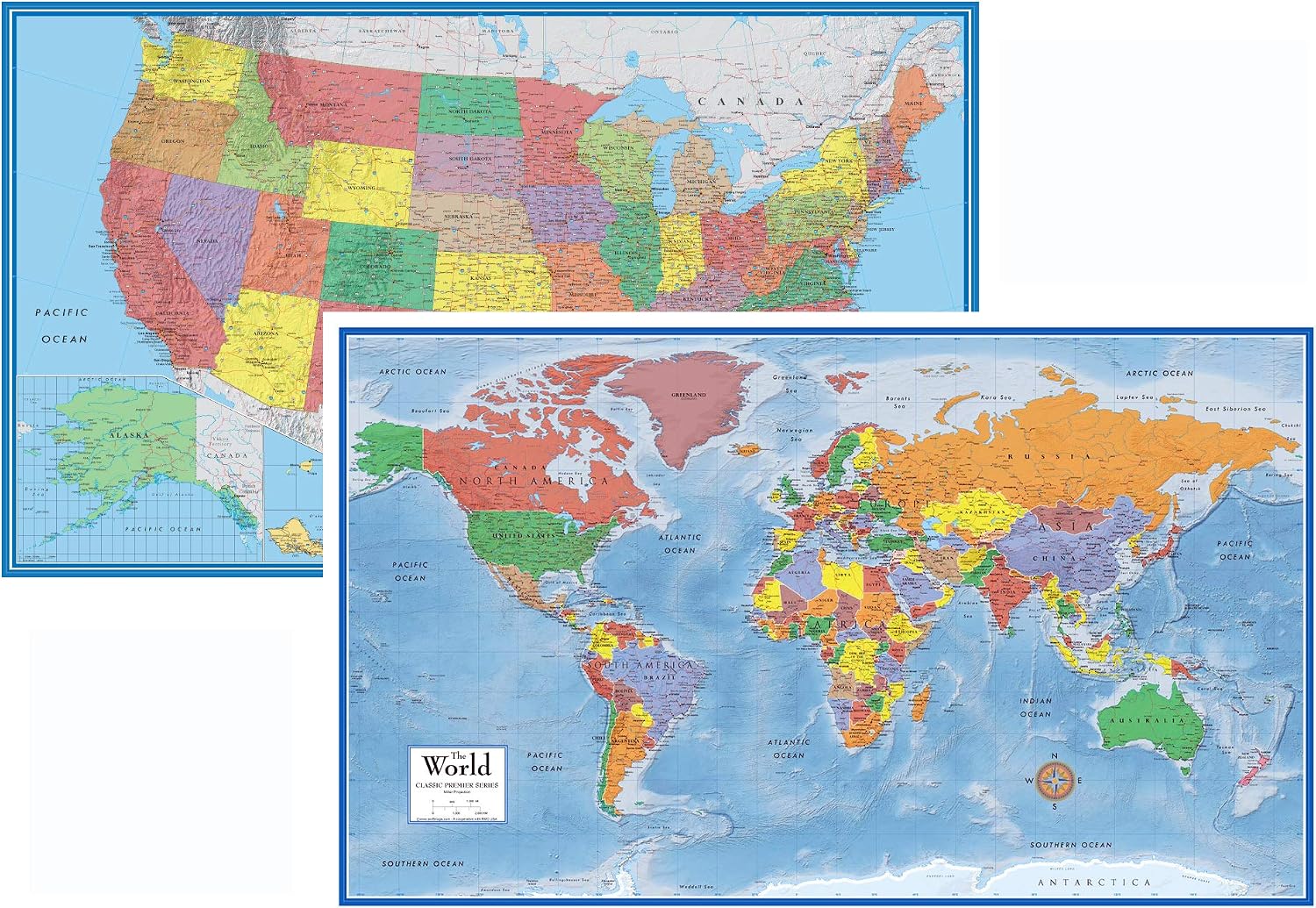 Amazon.com : 24x36 World and USA Classic Premier 3D Two Wall Map Set (Laminated) : Office Products