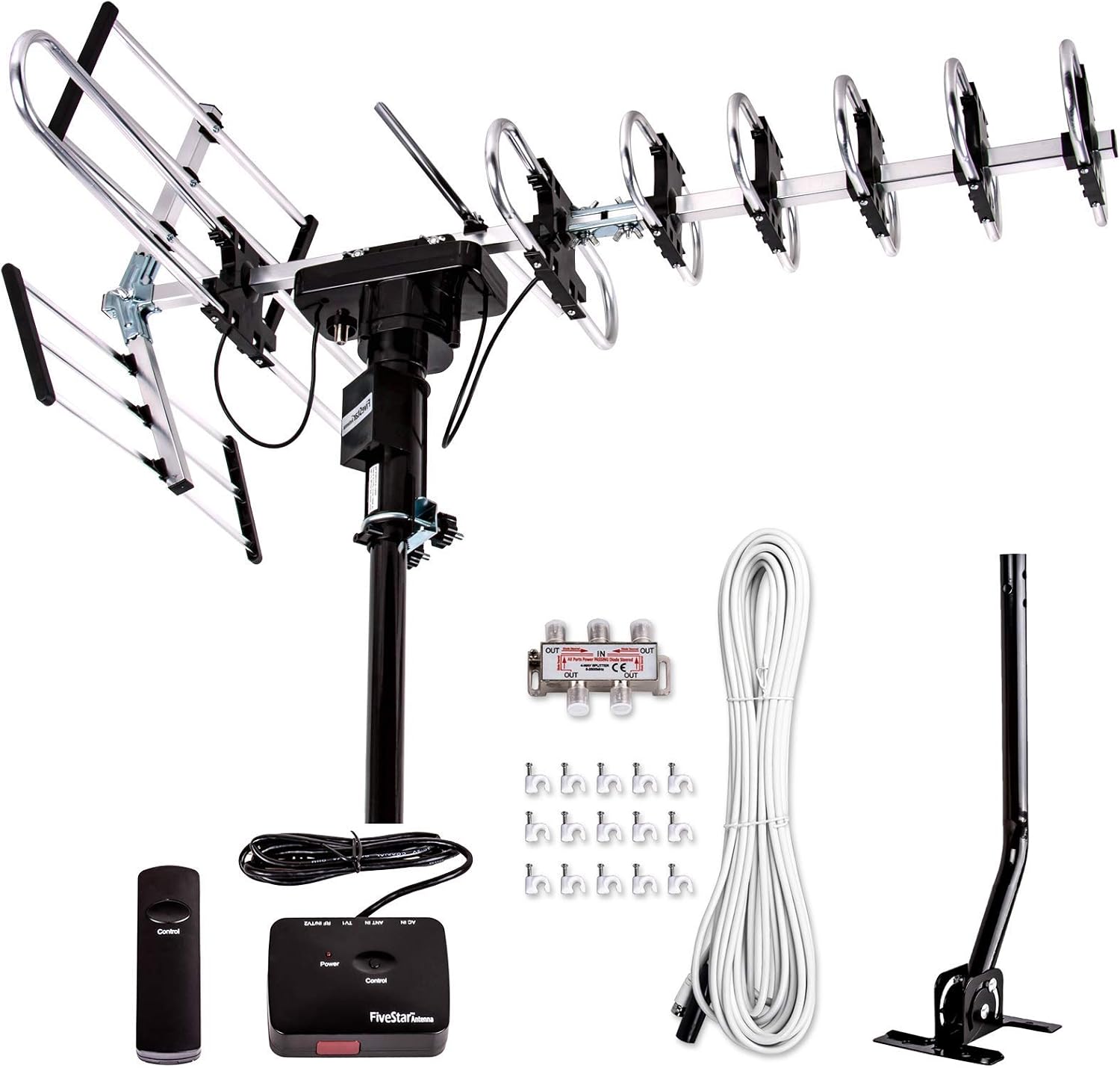 Amazon.com: Antenă HDTV Digitală Amplificată Five Star pentru Exterior - Până la 200 Mile Rază Lungă, Rotire Direcțională 360 Grade, HD 4K 1080P FM, Suport pentru 5 Televizoare Plus Kit de Instalare și Pol de Montare