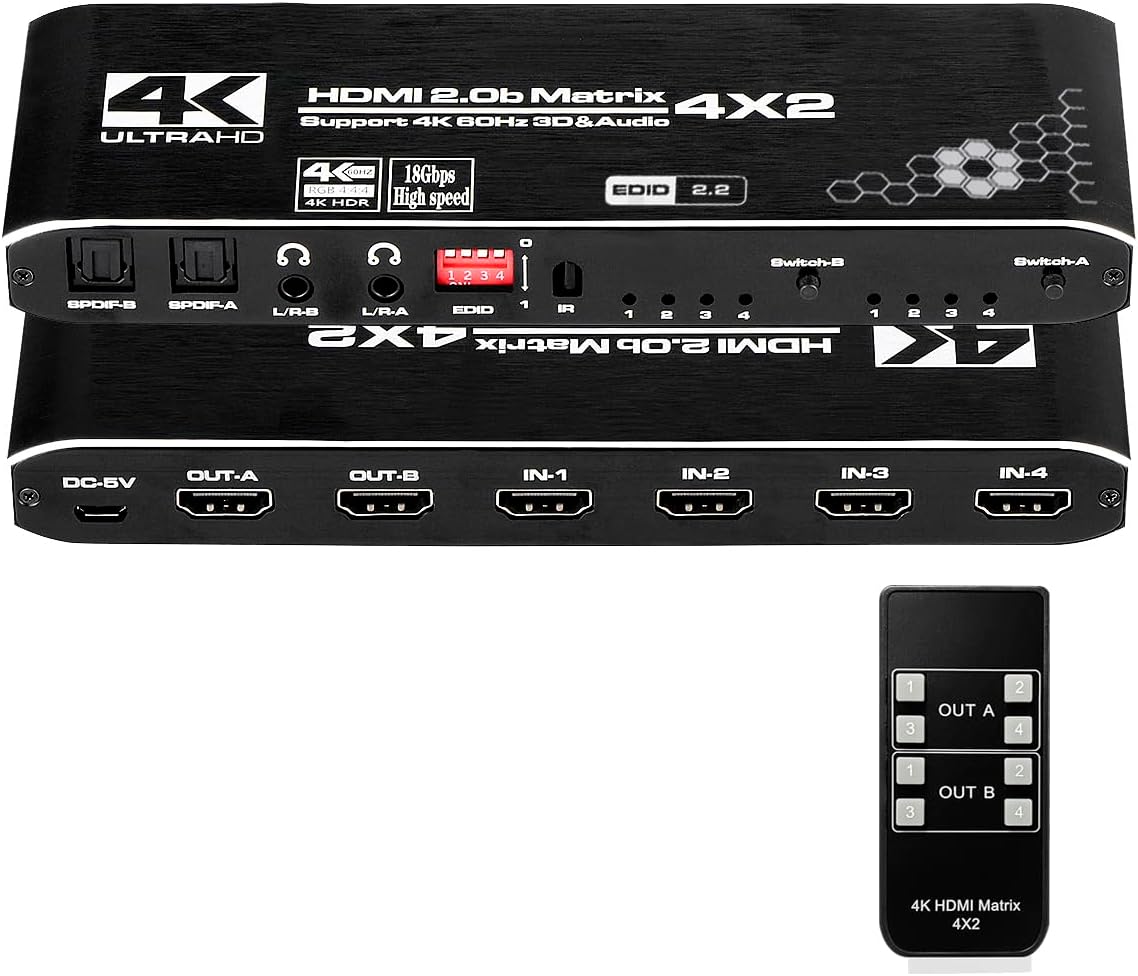 Amazon.com: HDMI Matrix Switch 4x2, 4K HDMI Matrix Switcher Splitter 4 in 2 Out Box with EDID Extractor and IR Remote Control Support 4K HDR, HDMI 2.0b, HDCP 2.2, 4K@60Hz, 3D, 1080P : Electronics