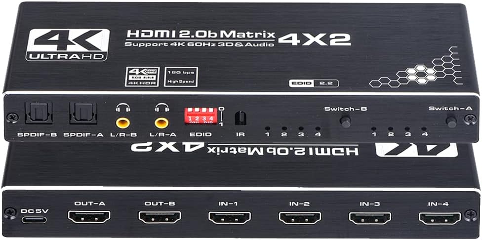 Amazon.com: 4K HDMI Matrix Switch, 4x2 HDMI Matrix Switcher Splitter 4 in 2 Out with EDID Extractor and IR Remote Control, Support 4K HDR, HDMI 2.0b, HDCP 2.2 4K@60Hz, 3D, 1080P : Electronics