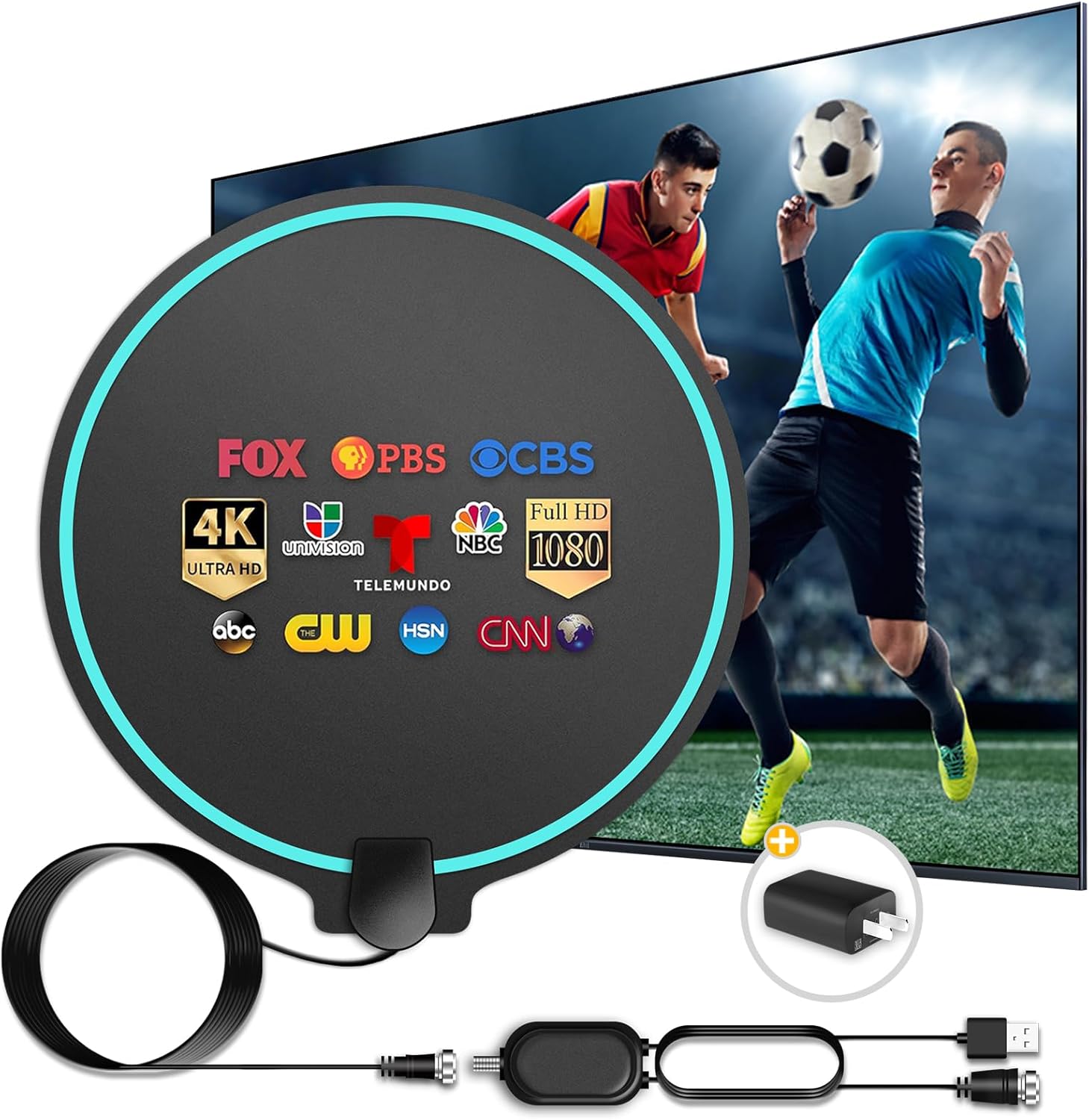 Amazon.com: Antenă HDTV Digitală cu Rază Lungă de Acțiune 380 Mile pentru Interior cu Amplificator de Semnal, Suportă 4K 1080P UHF VHF FM Canale Locale cu Cablu Coaxial de 13.4 ft și Adaptor de Alimentare USB