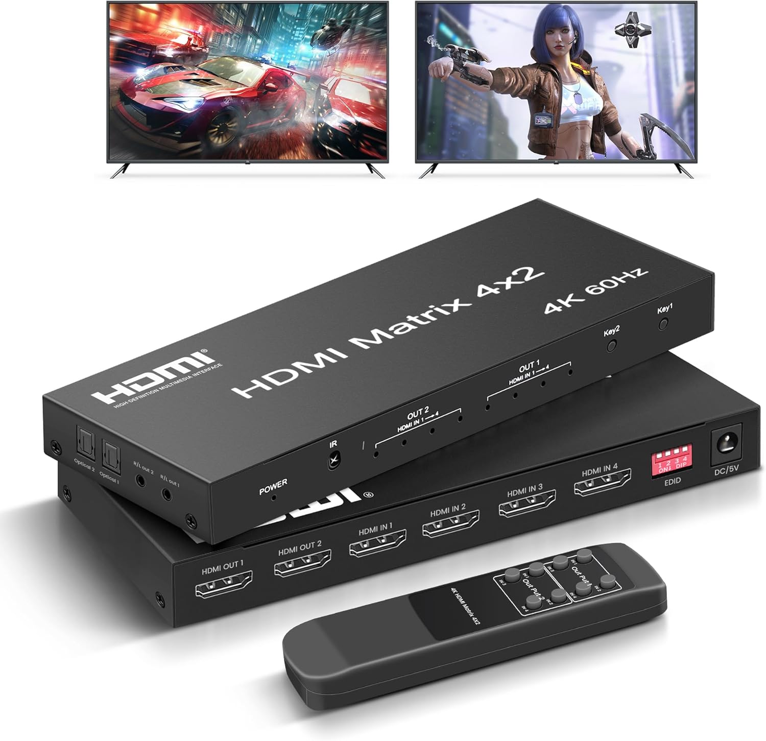 Amazon.com: FERRISA 4x2 HDMI Matrix, 4K@60Hz 4 in 2 Out HDMI Switch Splitter with IR Remote, HDMI Matrix Switch + Optical + 3.5mm Audio Output, Support HDMI2.0, HDCP2.2, Auto Downscaler, 3D, Audio Extractor : Electronics