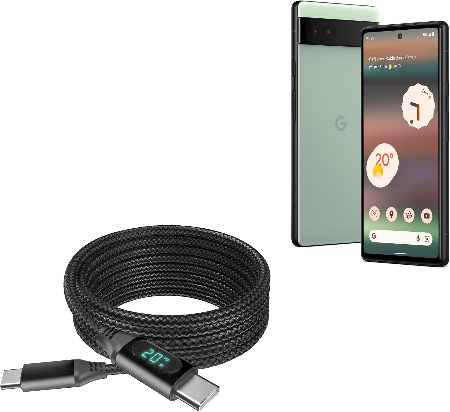 Amazon.com: BoxWave Cable Compatible with Google Pixel 6a - PowerDisplay PD Cable (6ft) - USB-C to USB-C (100W), LED Wattage Info Extra Long Braided Nylon - Jet Black : Electronics