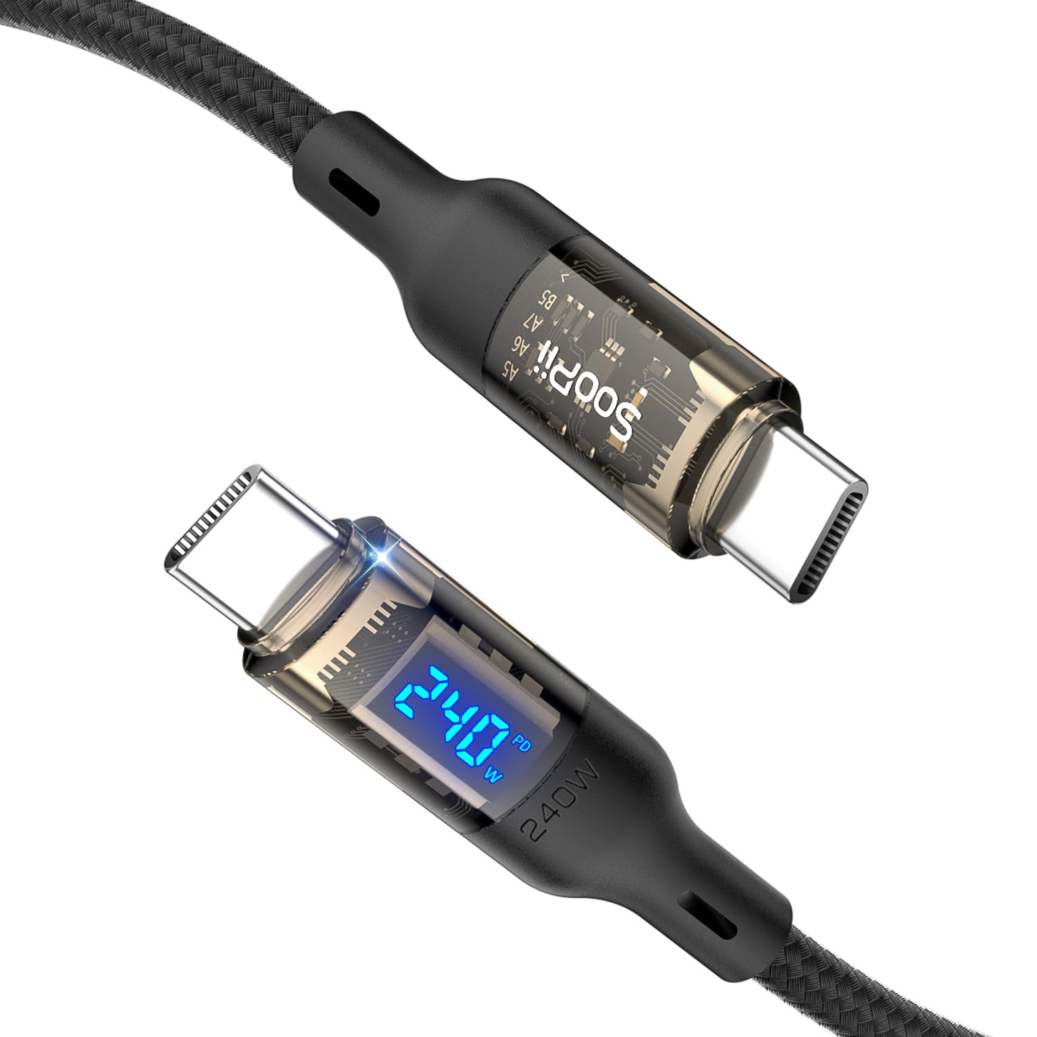 Amazon.com: SOOPII USB C to USB C Cable [240W 4ft],Fast Charging USB C Cable with LED Display for MacBook Pro,lPhone16/15/15Pro/15ProMax,Galaxy S23+/S23Ultra/S22 Ultra,etc,Transparent Shell,(Black) : Cell Phones & Accessories