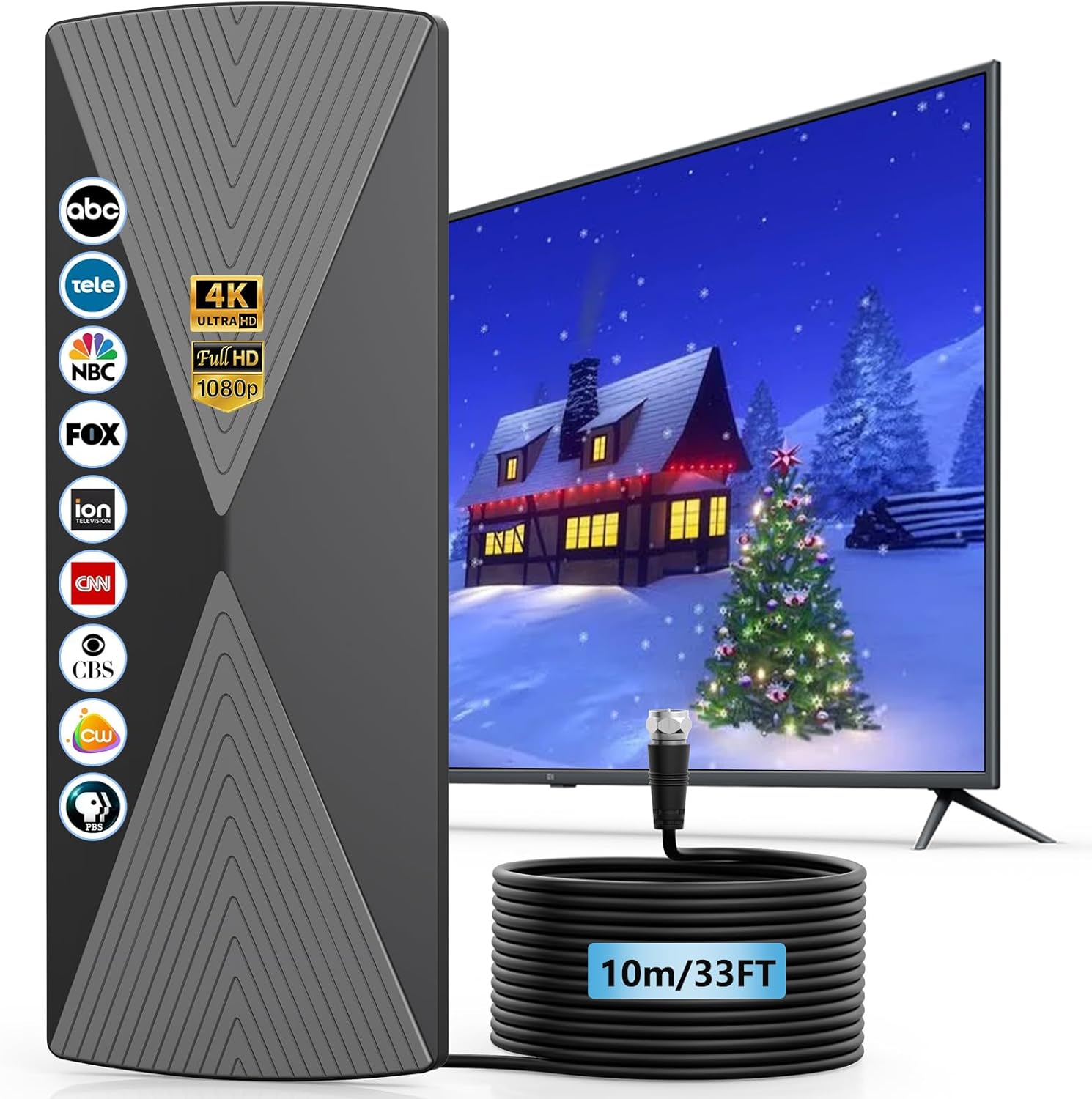 Amazon.com: Antenă TV Interior, Antenă de Distanță Lungă 2025 pentru Smart TV cu Amplificator de Semnal pentru Canale Locale, Antenă Digitală de Interior pentru Toate Televizoarele Vechi - Suportă 4K 1080p - Cablu Lung de 33ft